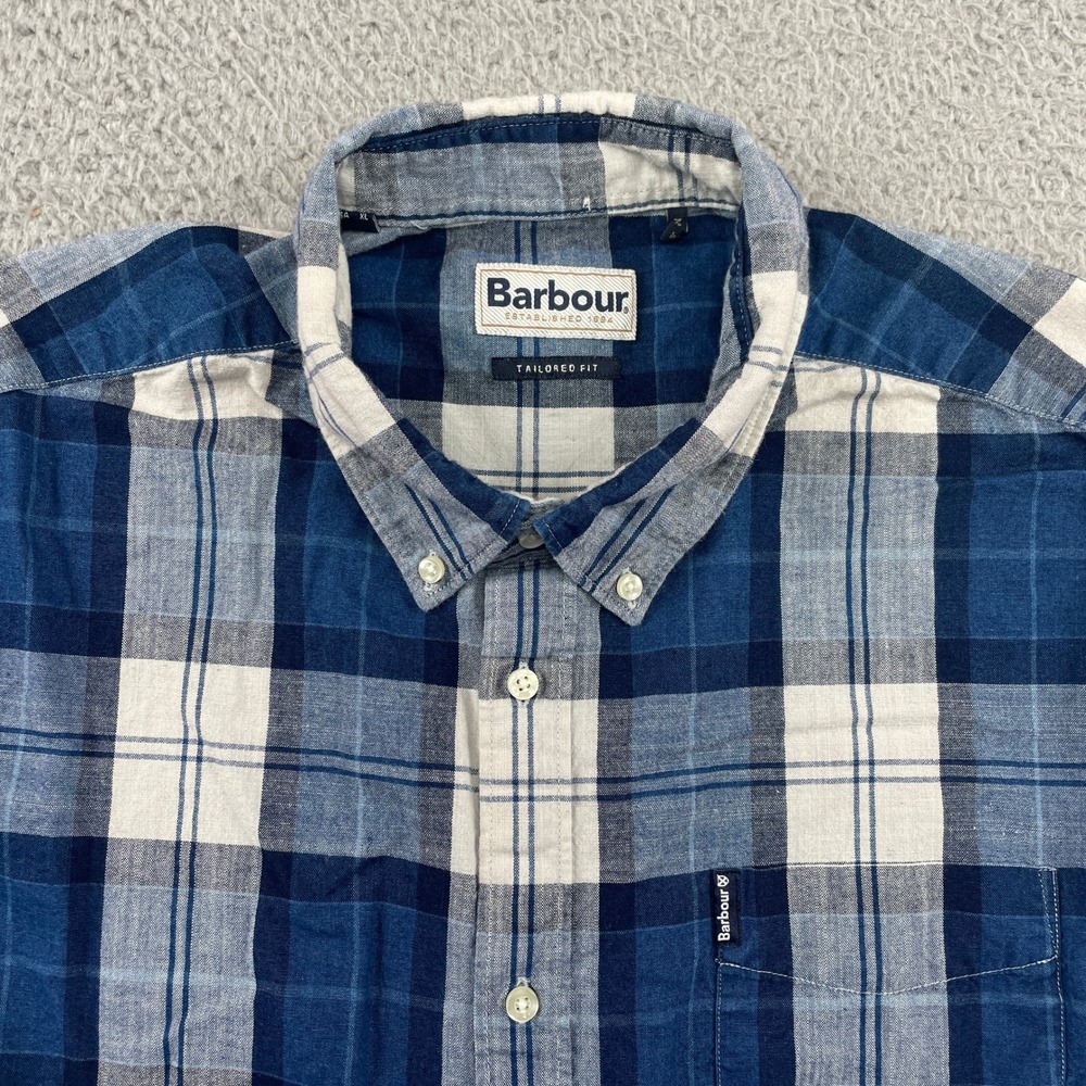 Barbour Button Down Mens XL Blue Plaid Tailored Fit Cotton Shirt Long Sleeve